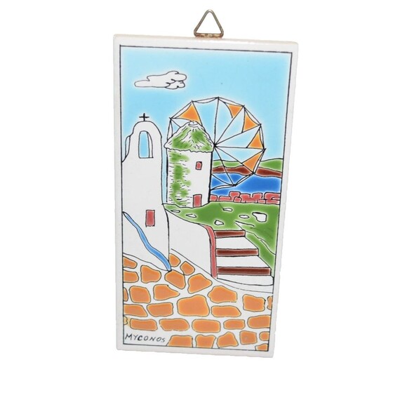 Vtg Glazed Ceramic 6" Tile Trivet Myconos Greece Hand Made Souvenir - Picture 1 of 8